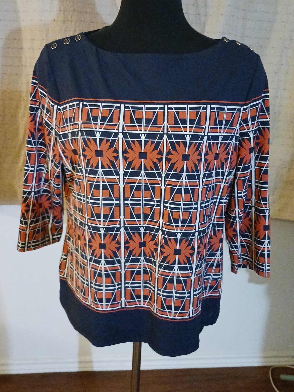 Charter Club Navy and Rust Geometric Boatneck Top with Grommet Detail